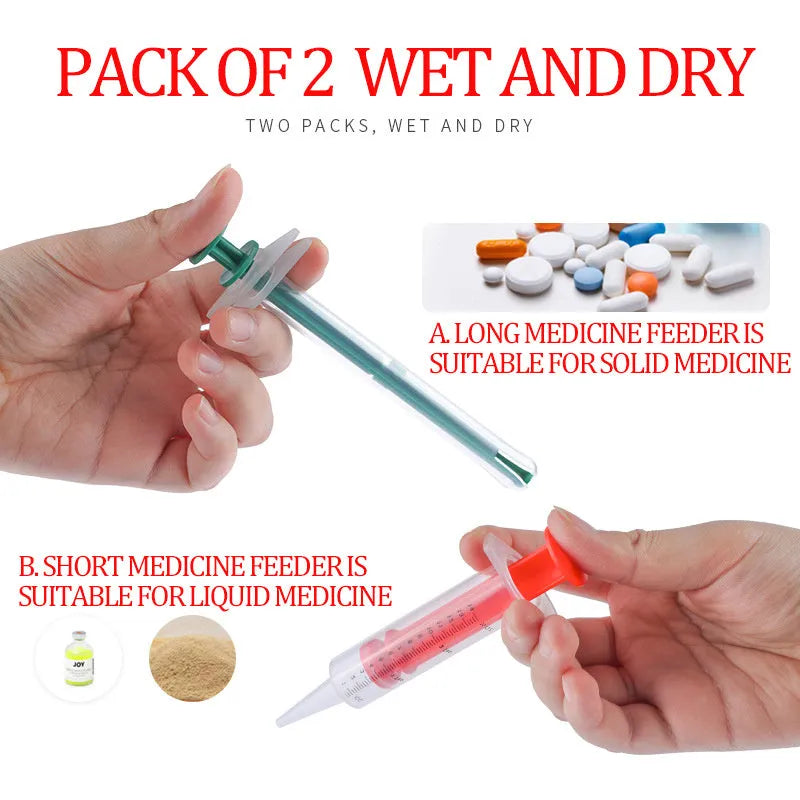 Two silicone pet pill shooters, one larger and one smaller, with soft tips and push rods.
