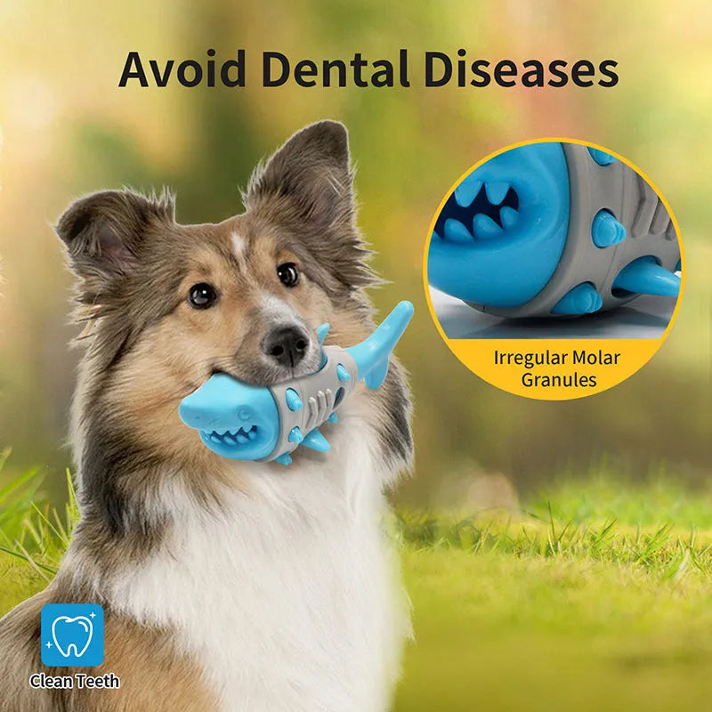 Blue, grey, and yellow dog chew toy with shark-tooth texture design.