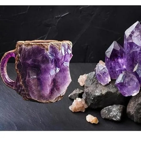 Clear resin coffee mug with handle showing internal crystal structure, 400ml capacity.