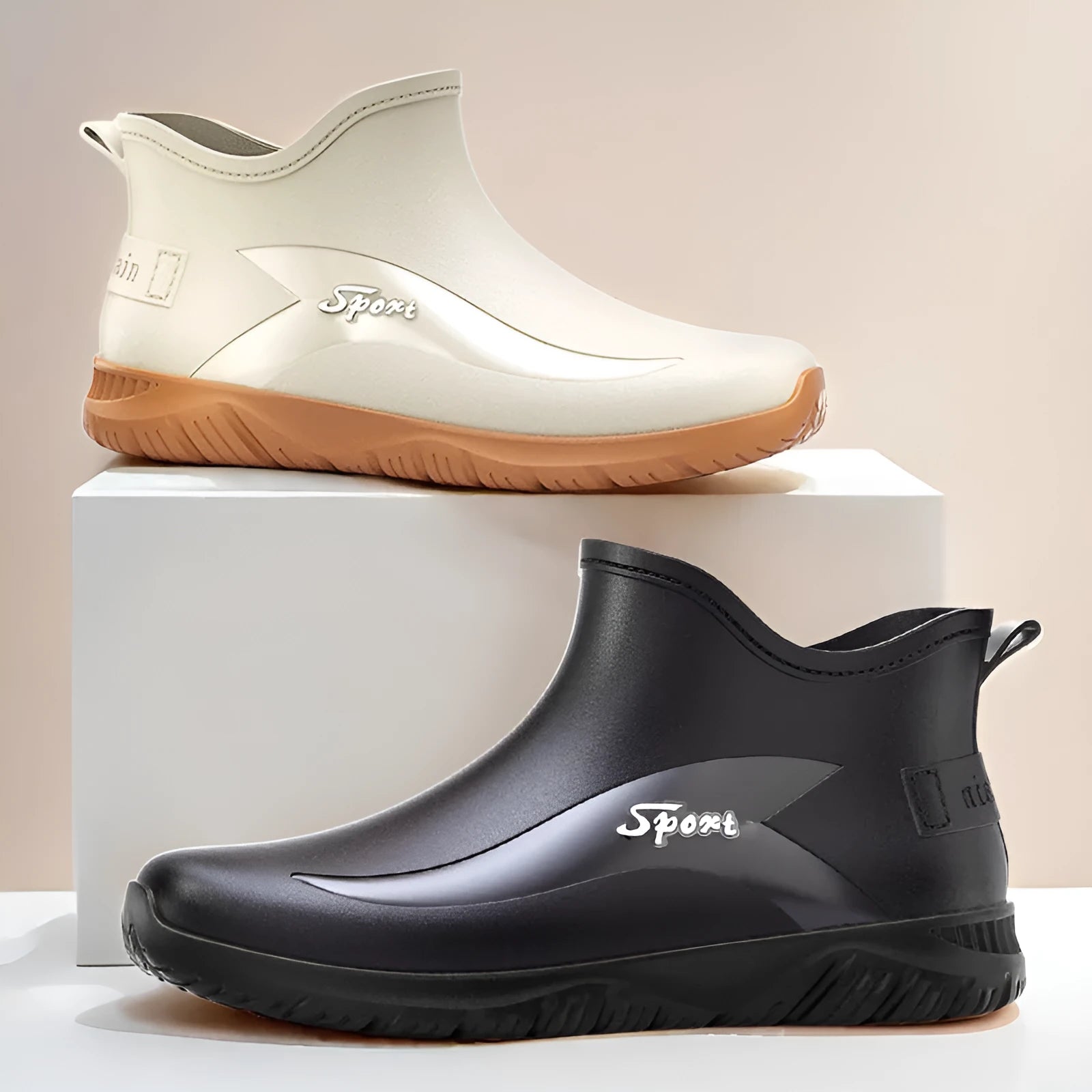 Men's short PVC rubber boots in beige, black and black-red colours with non-slip soles and flat heel