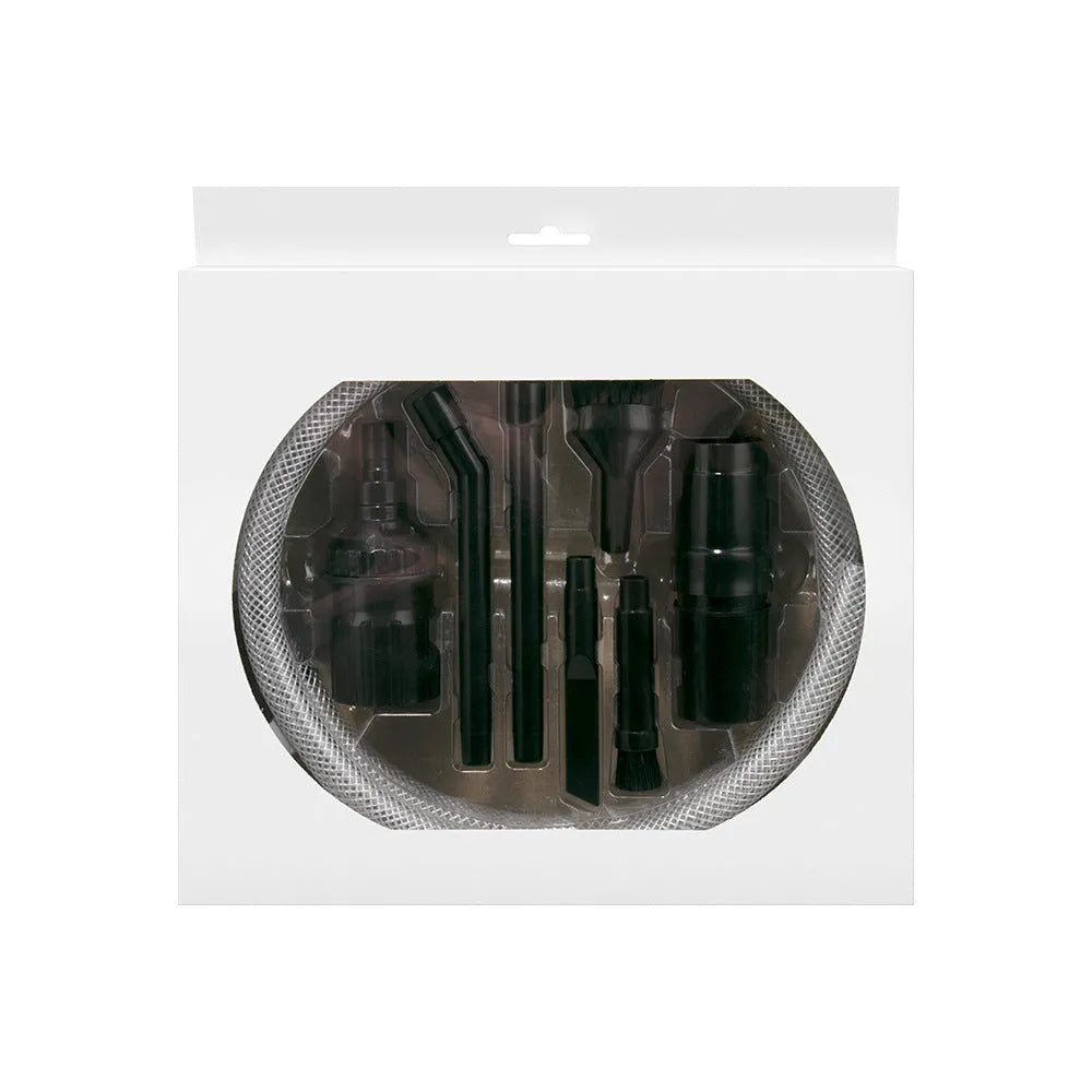 Eight-piece vacuum cleaner accessory set with small suction heads for detailed cleaning in compact rooms