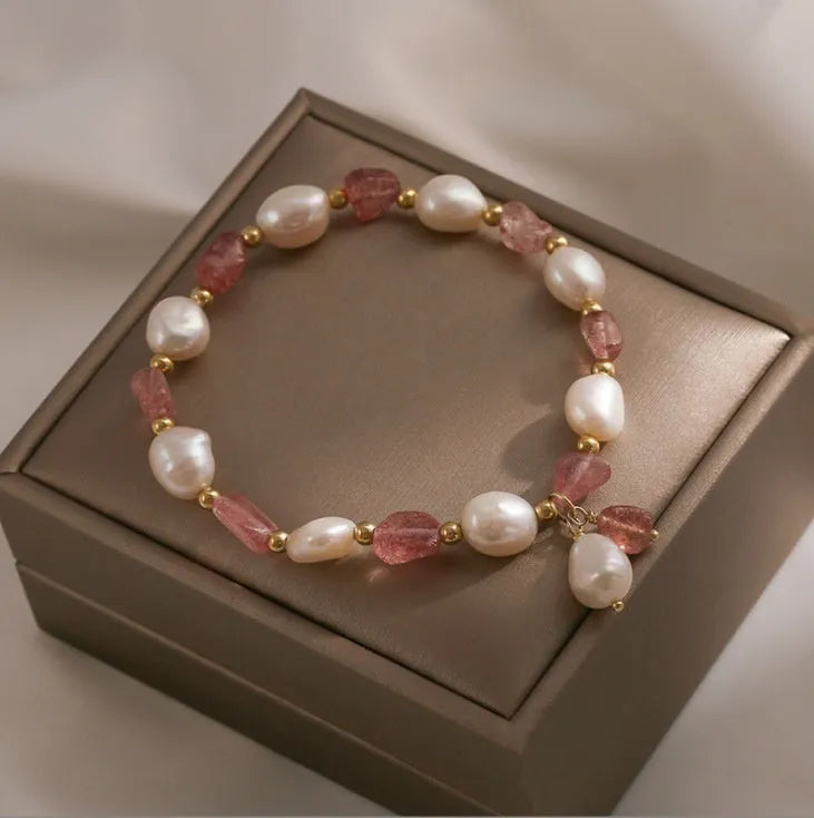 Handcrafted strawberry quartz crystal bracelet with green strawberry quartz moon charm for women