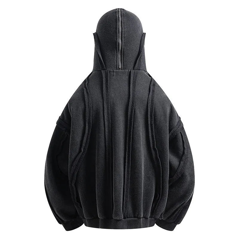 Black retro loose padded hooded coat with an abstract pattern and zip front.