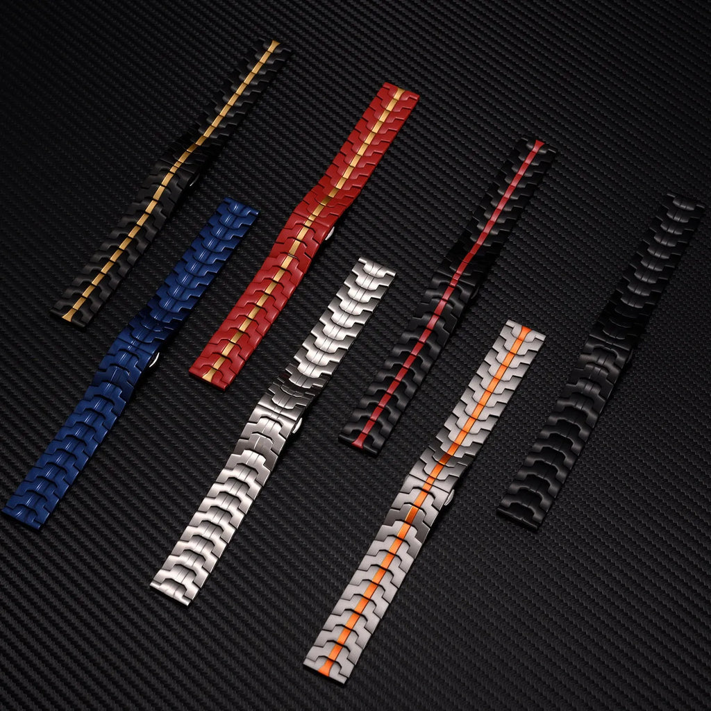 Stainless steel watch band for Samsung Galaxy Watch in silver, black, titanium, blue and coloured options.