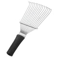 Stainless steel livestock grooming rake comb for horses and dogs on a dark background.