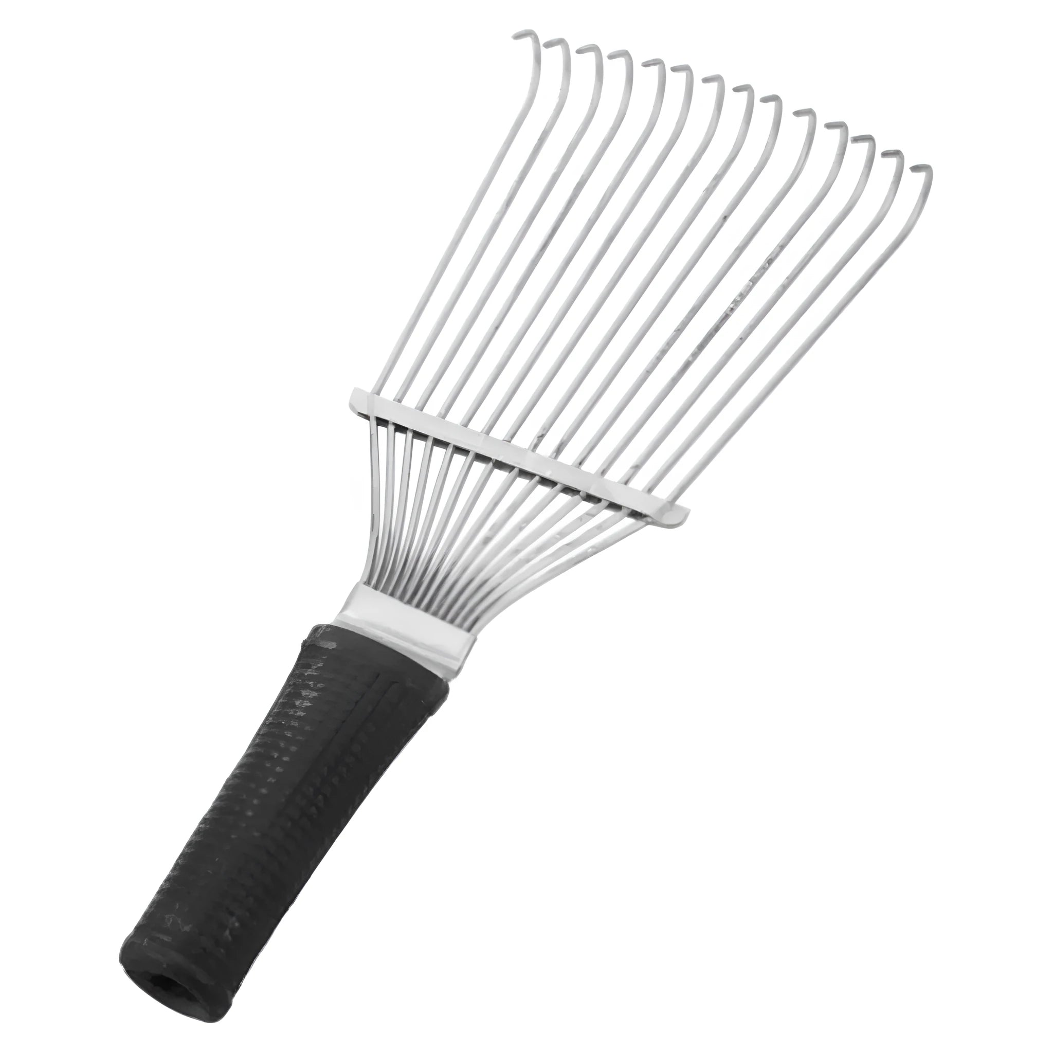 Stainless steel livestock grooming rake comb for horses and dogs on a dark background.