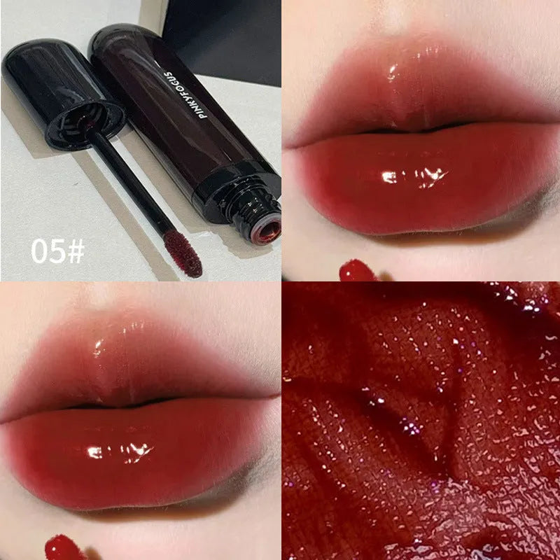 Black Citrus Mirror Lip Lacquer tube showcasing six colour shades: Black Tomato, Orange Brown, Bean Paste, Rose, And Red, Sweet Potato.