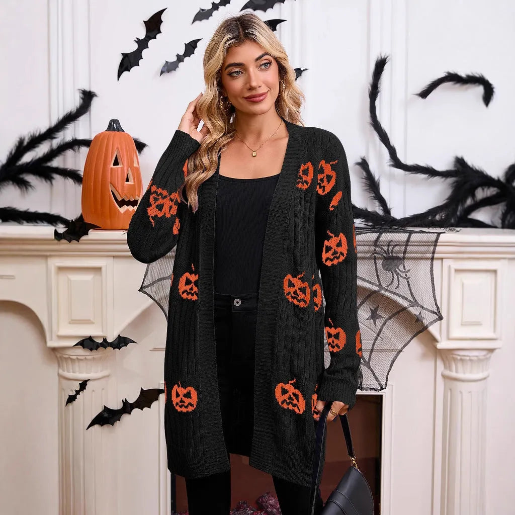 Women's black Halloween cardigan with orange and purple jacquard knitted pumpkin head pattern