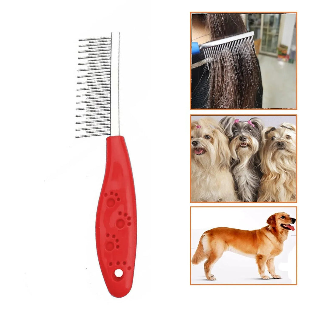 Red plastic handle pet comb with dual-length stainless steel teeth for detangling dog and cat hair.