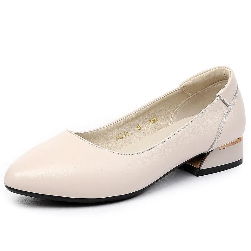 Autumn cowhide flat pointed low-cut shoes in beige with low heel and buckle fastening