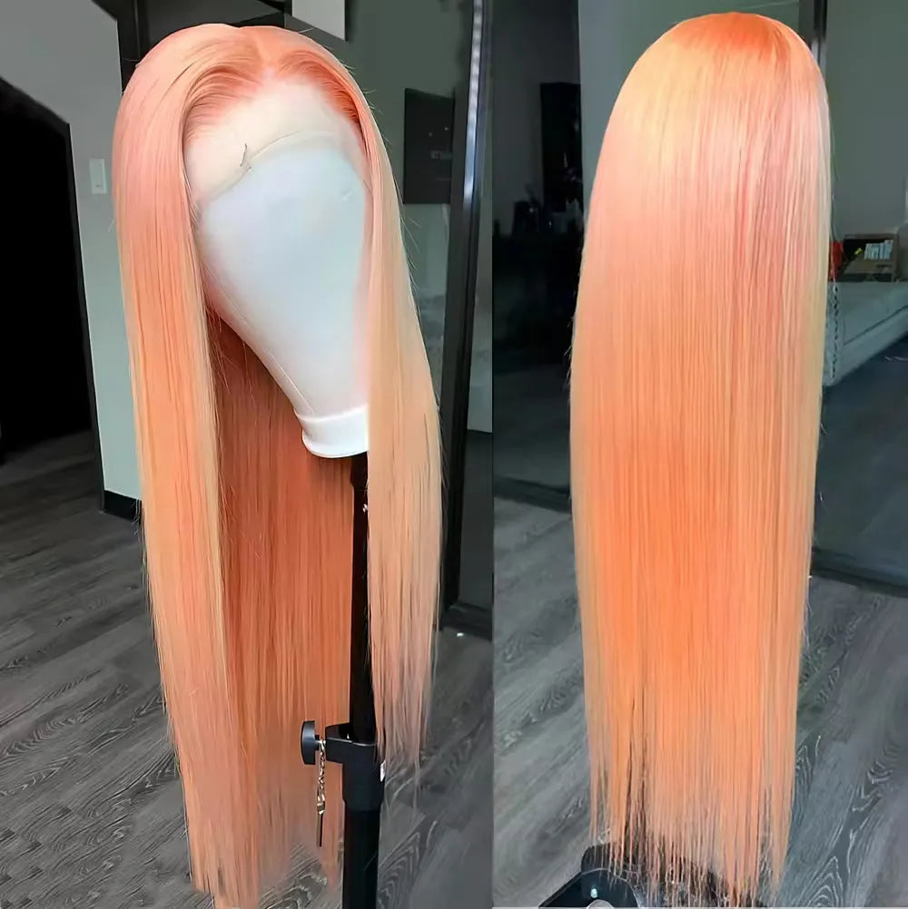 Light orange long straight front lace synthetic wig shown with side bangs