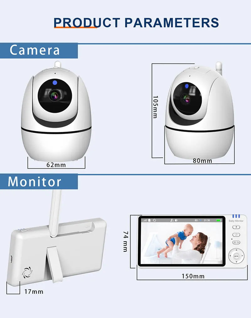 White HD wireless baby monitor with 5-inch screen showing baby room temperature display