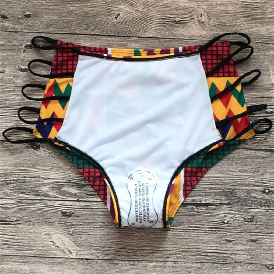Women's digital print bikini set with high-waisted briefs and backless design