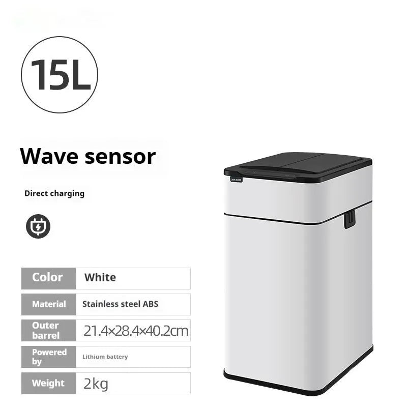 Stainless steel inductive smart ashbin with square shape and touch-free lid.