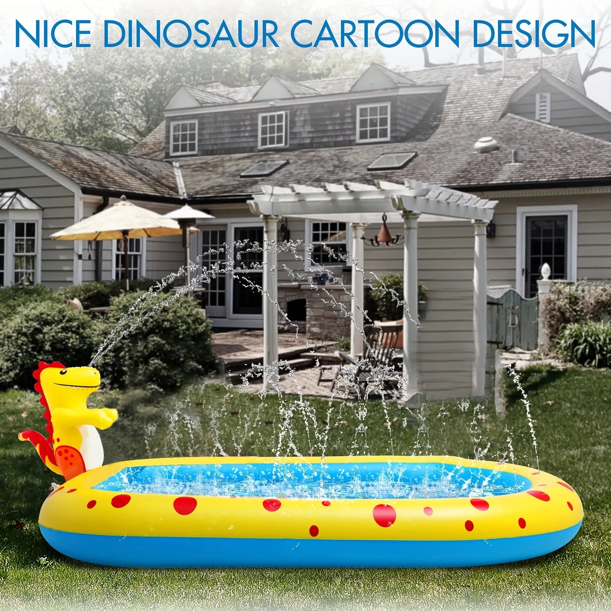Blue dinosaur-themed inflatable water spray pool measuring 170 cm long for kids and pets