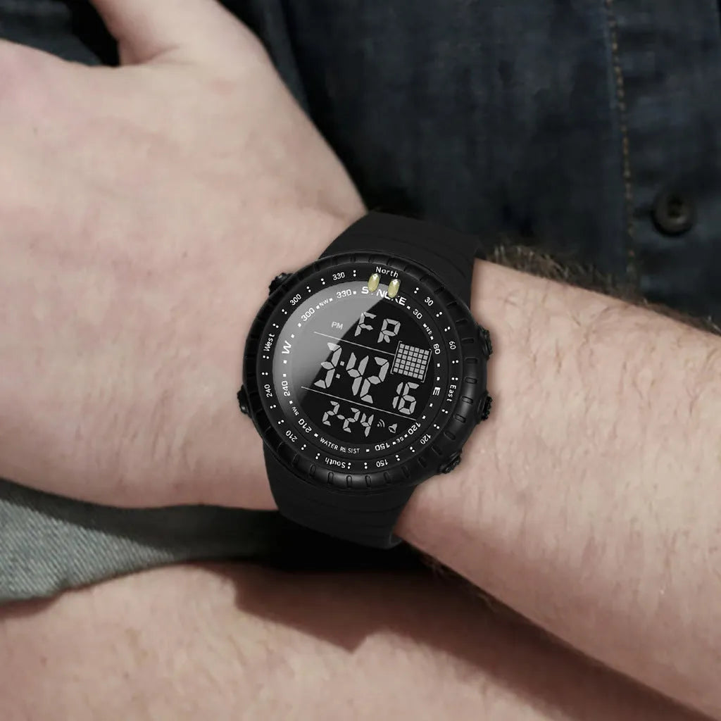 Black waterproof outdoor electronic watch with plastic case and PU strap showing 54.74mm dial