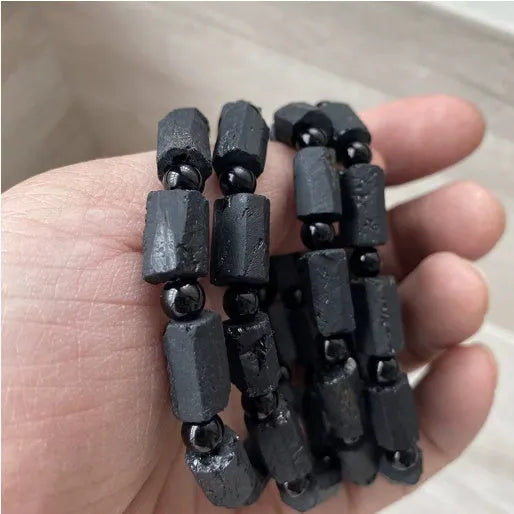Natural black tourmaline rough stone bracelet with elastic adjustable fit for men and women