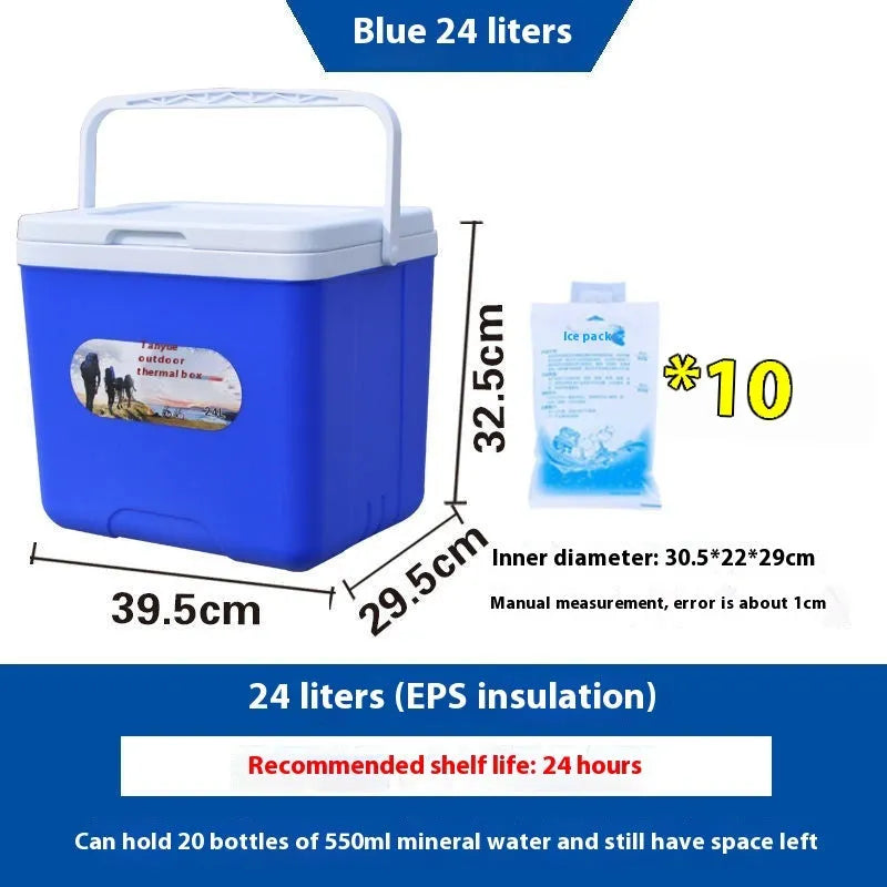 Blue portable insulated cooler bag with aluminium foil lining, shown in multiple capacity sizes.