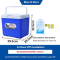 Blue portable insulated cooler bag with aluminium foil lining, shown in multiple capacity sizes.