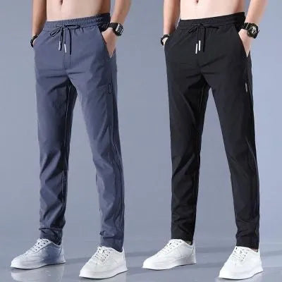 Men's Khaki drawstring trousers with loose straight leg and elastic waist, Korean casual style