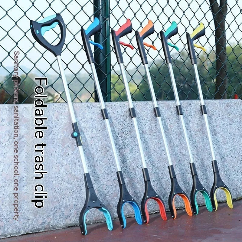 Blue plastic and aluminium alloy folding trash clip for securing a rubbish bag.