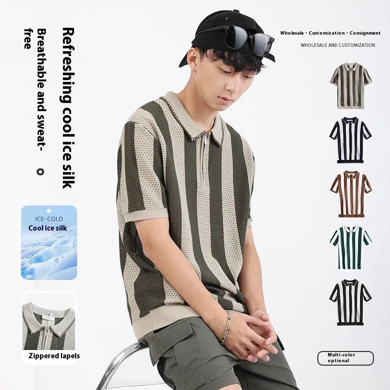 Men's striped short sleeve summer sweater with zipper decoration in viscose fabric showing colour options