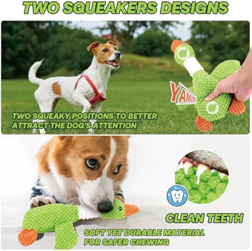 Blue green or grey durable plush duck dog toy with squeaker for chewing and play.