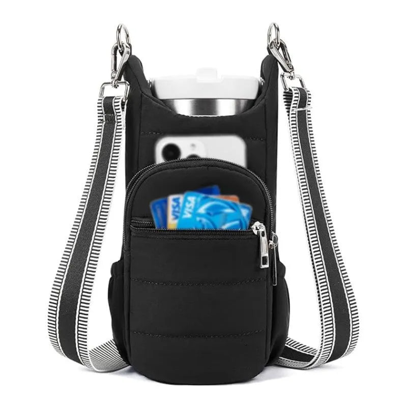 Cloth water bottle bag for bicycle mounting in black, pink, or beige colours