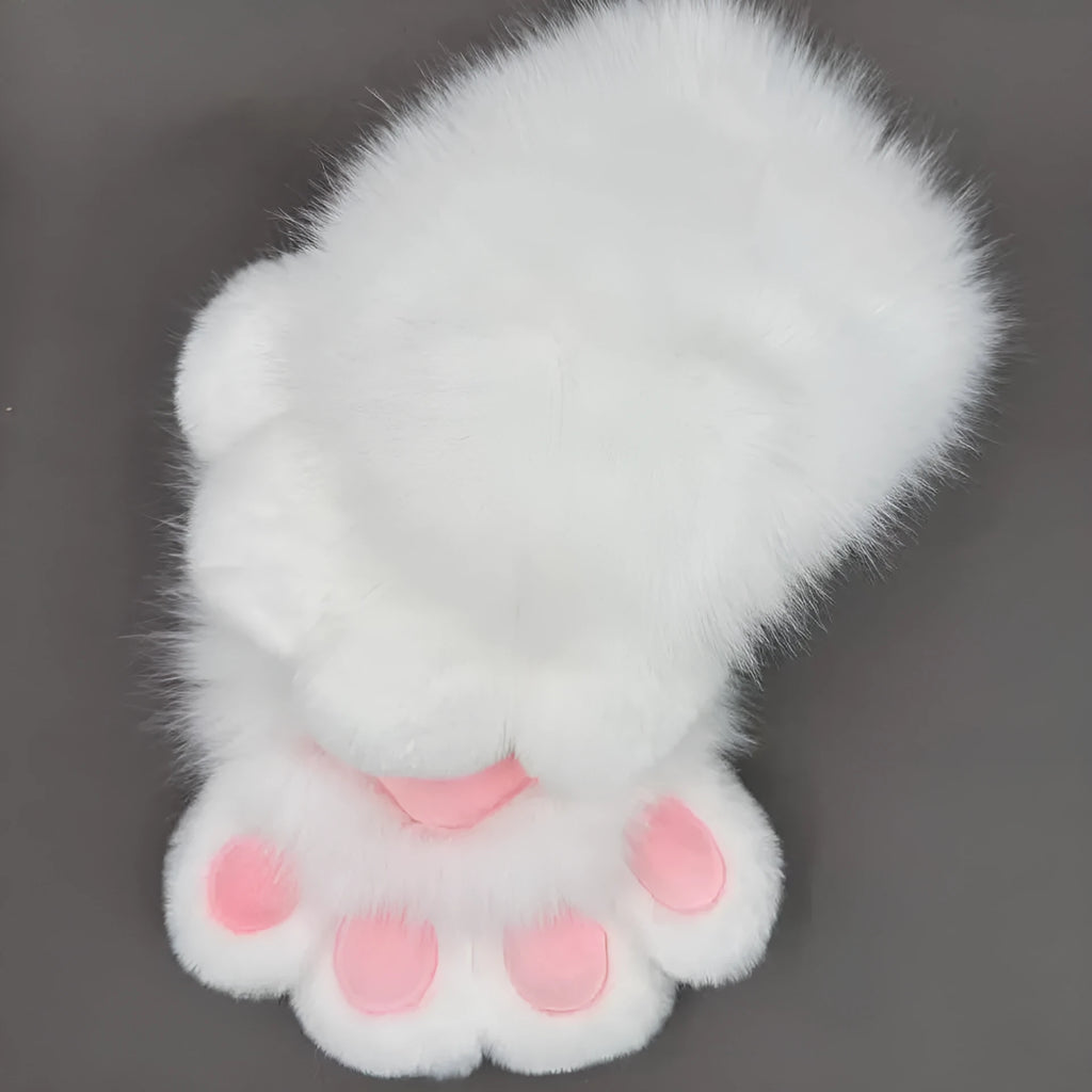 A pair of fingerless animal claw cosplay gloves in a white and pink colour combination with a coloured pad on the back.