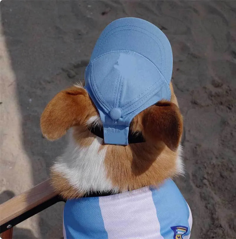 Cotton sun-proof exposed ears pet baseball cap in apricot with adjustable strap, suitable for dogs and cats.