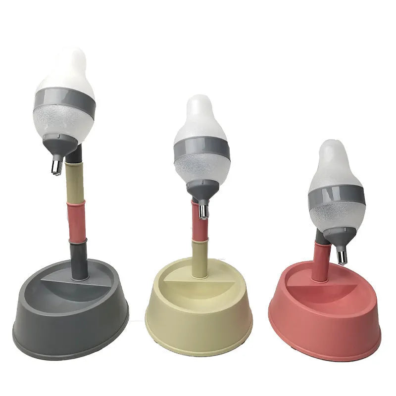 Green adjustable pet water dispenser with detachable pole and bowl on a table.