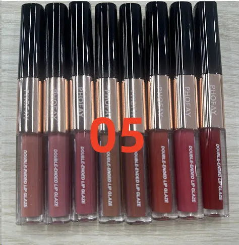 C-L021 double-head non-stick cup lip gloss tube showing two applicator tips and available in eight colours.