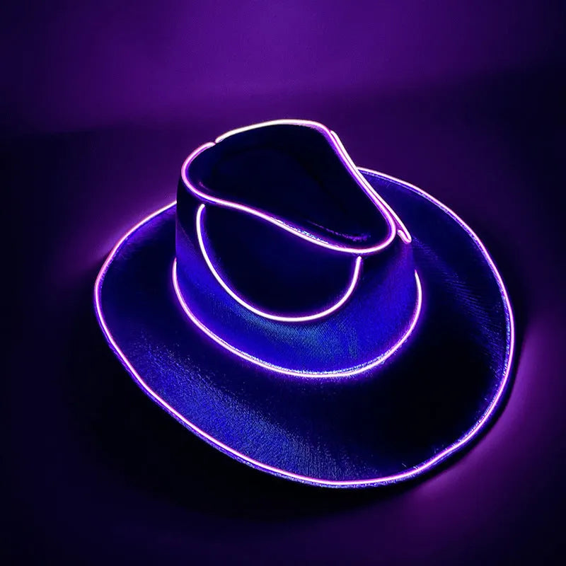 LED wireless fluorescent cowboy flashing hat in green, front view, EVA and EL wire construction, average size