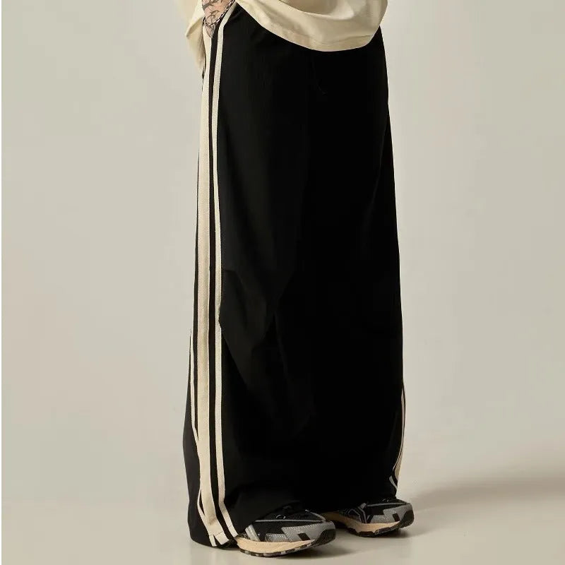 Black men's wide leg climbing trousers with high waist and straight long design