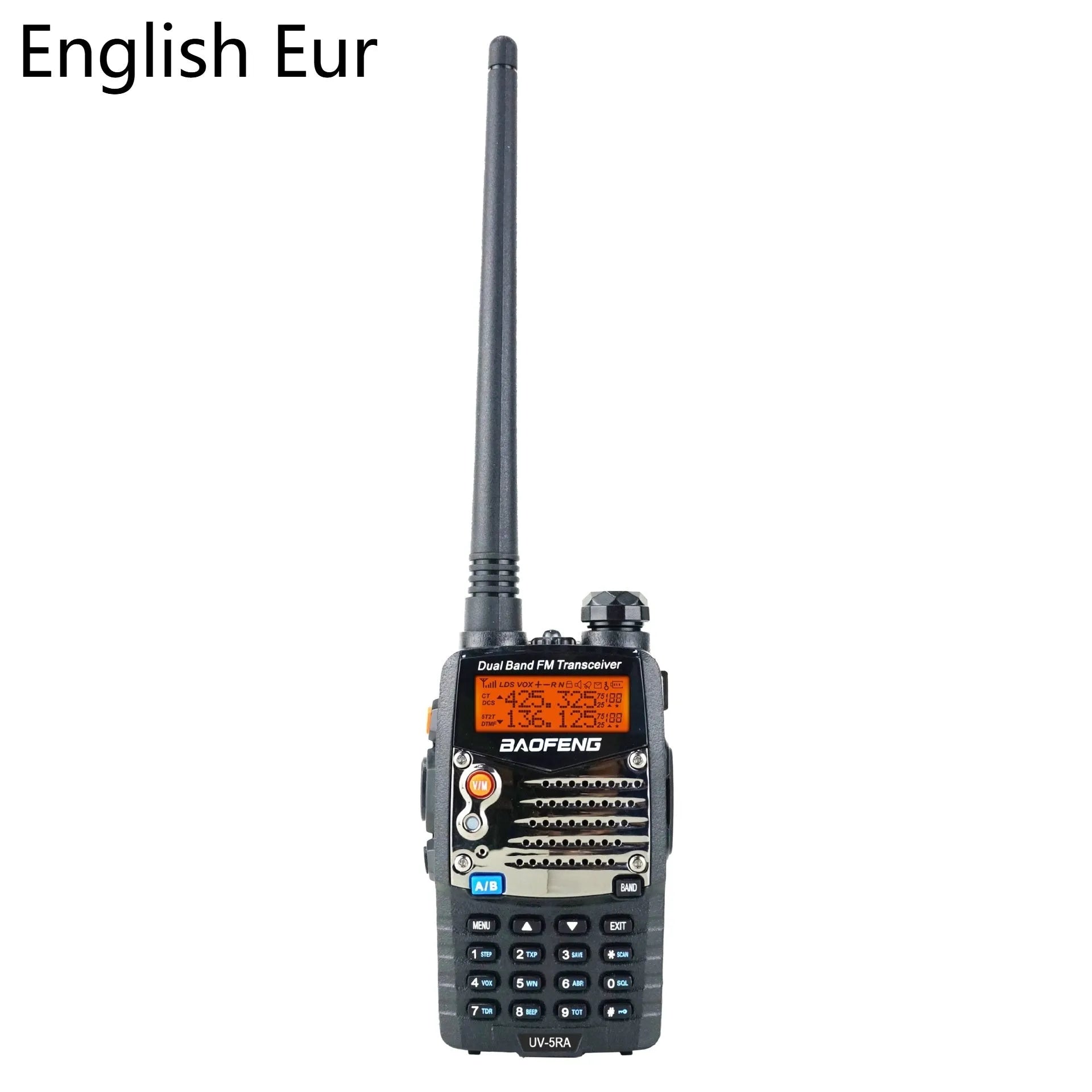 Baofeng UV-5RA black handheld dual-band radio with display screen and antenna.