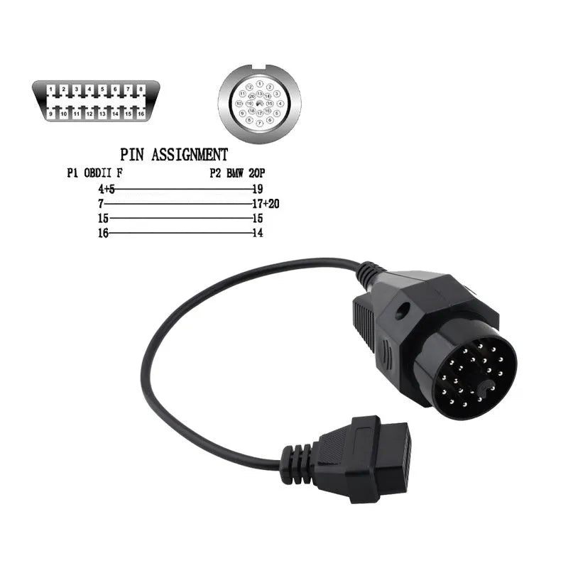 BMW diagnostic adapter cable with 20-pin and 16-pin OBD2 connectors for vehicle scanner compatibility