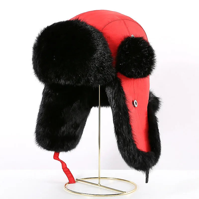 Rabbit fur unisex thickened winter hat with retro dome crown in black cloth black hair colour