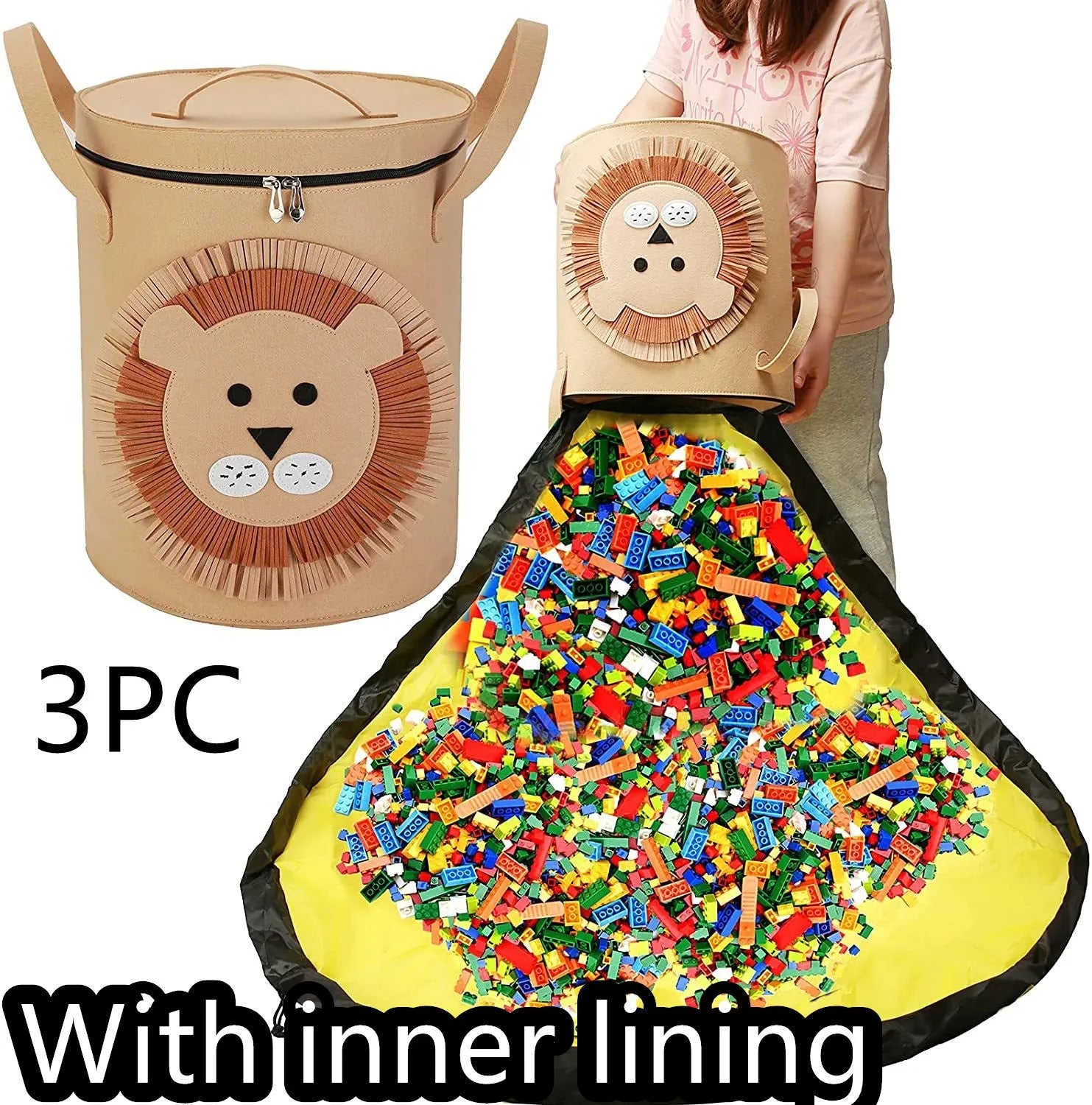 Green felt cube storage bag with pull rope open as a floor play mat for toys.