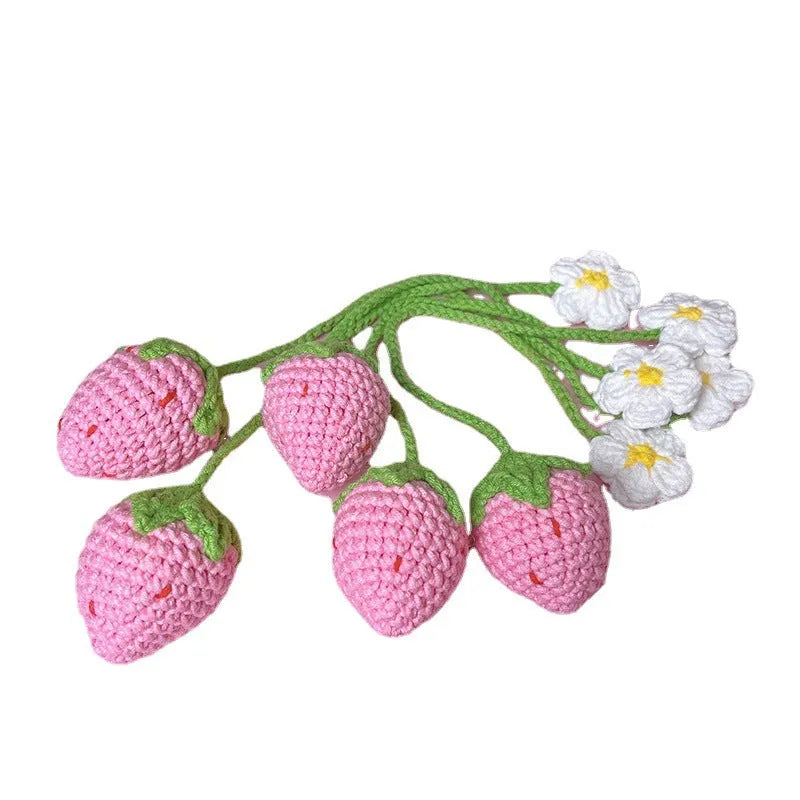 Wool crochet strawberry pendant necklace measuring 35cm with pink or red charm option