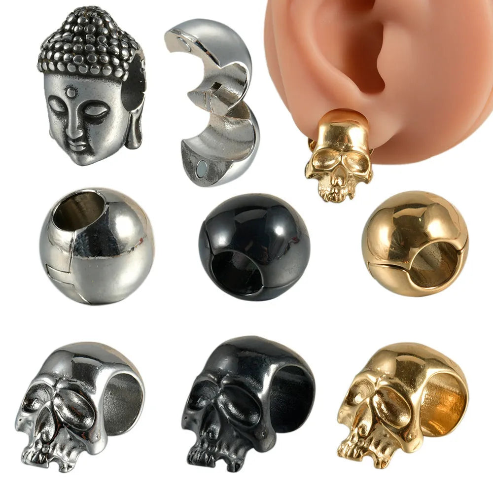 Stainless steel hollow skull Buddha earrings with electroplated finish in four colour variations