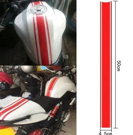 Motorcycle reflective pinstripe sticker measuring 50cm by 4.5cm in black, red, silver, and yellow colours