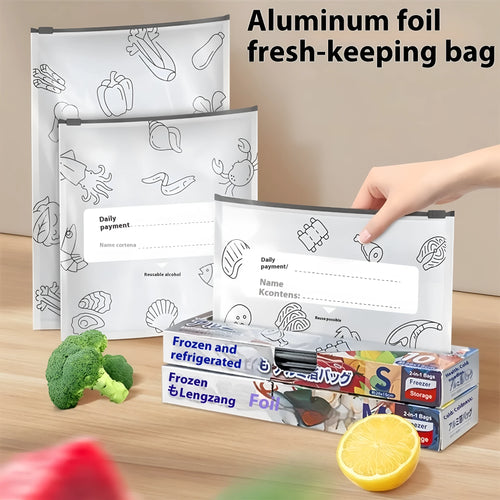 Pack of 10 aluminium foil sealed bags in small, medium, and large sizes for food storage.