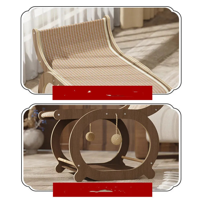 Solid wood cat scratcher and bed with sisal scratching surface in walnut colour