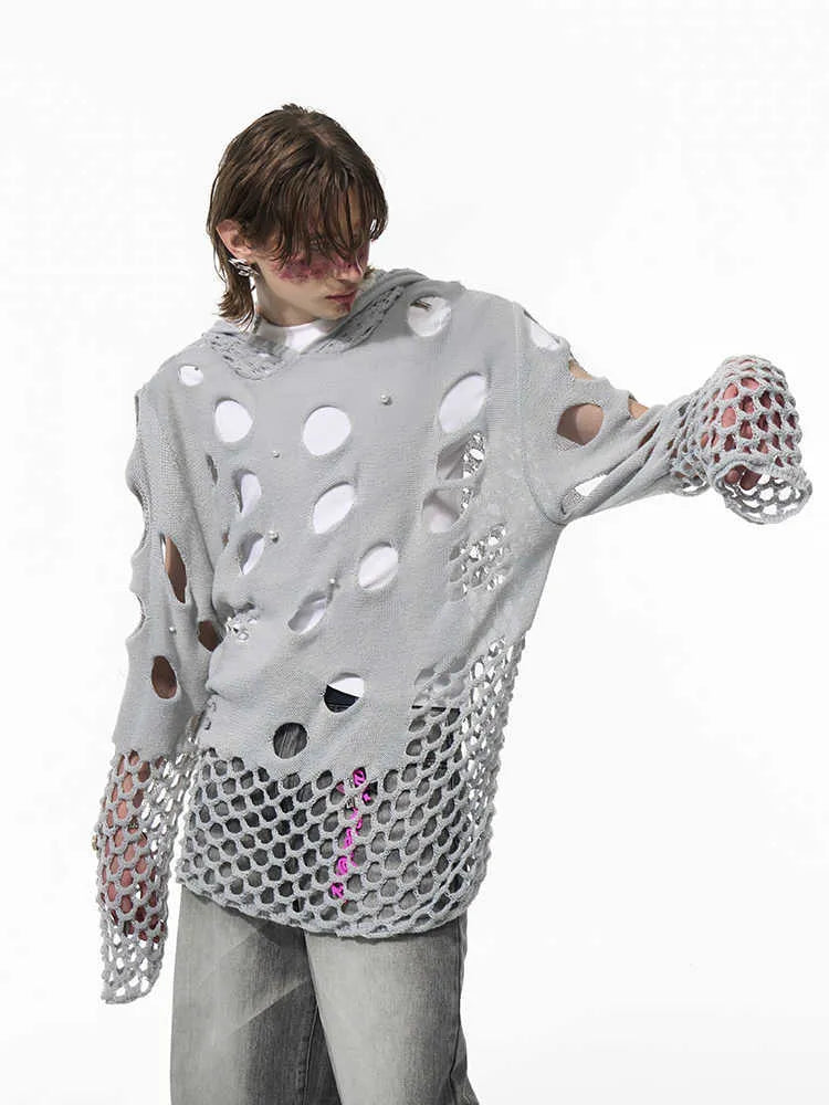 Black men's hooded sweater with pearl decoration and loose fit for spring