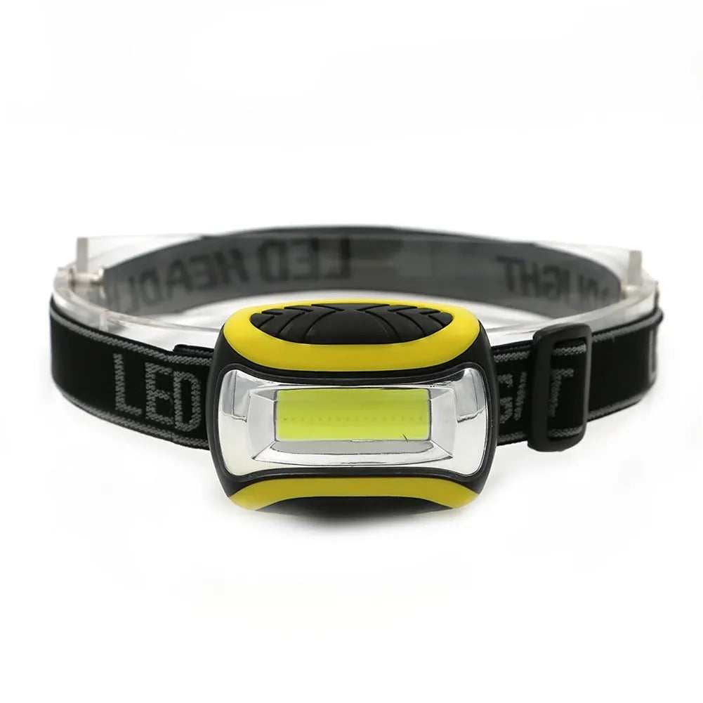 Yellow plastic three-speed COB LED headlamp for outdoor activities and work.