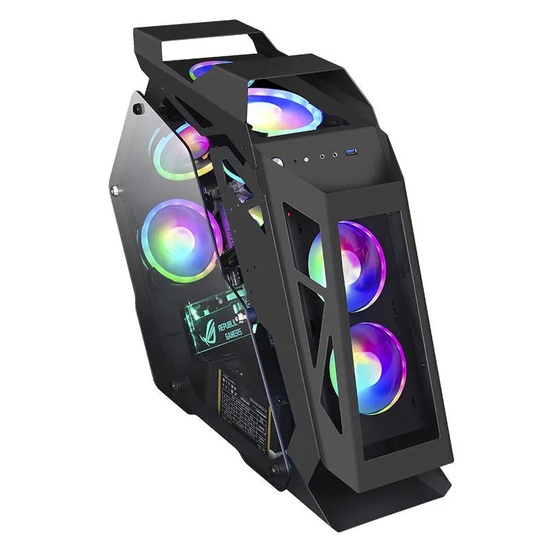 Table-type e-sports computer case metal chassis with RGB fan lighting on a desk