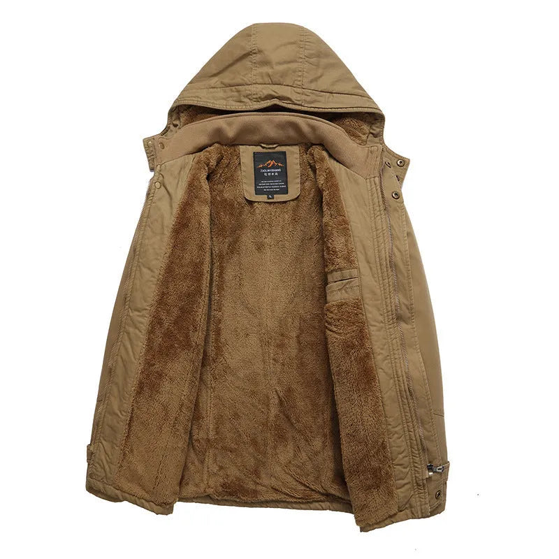 Men's fleece-lined warm cotton jacket in khaki, long sleeves, casual European and American style