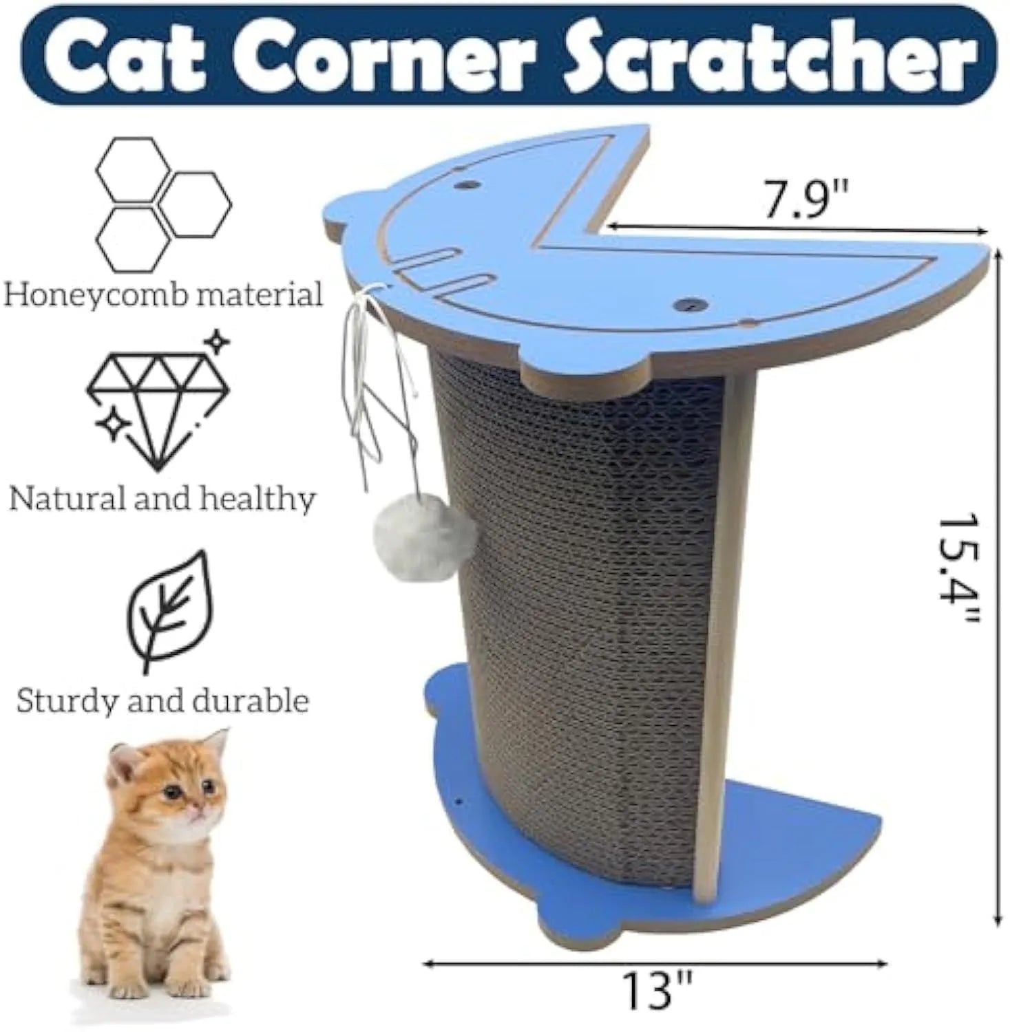 Triangular corner cat scratching pad with hanging ball toy against wall