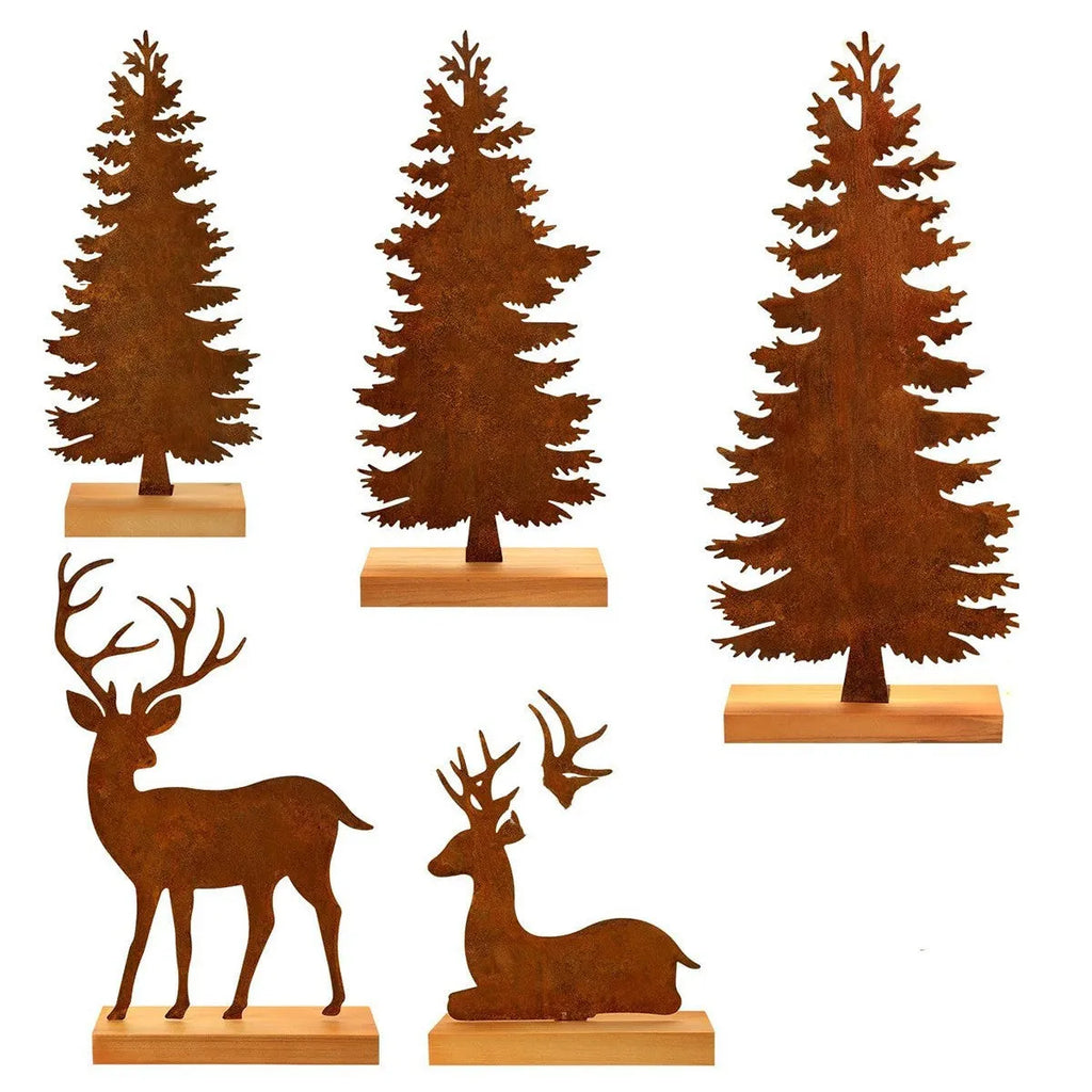 Three metal Christmas tree ornaments with elk figurines and rustic metallic finish