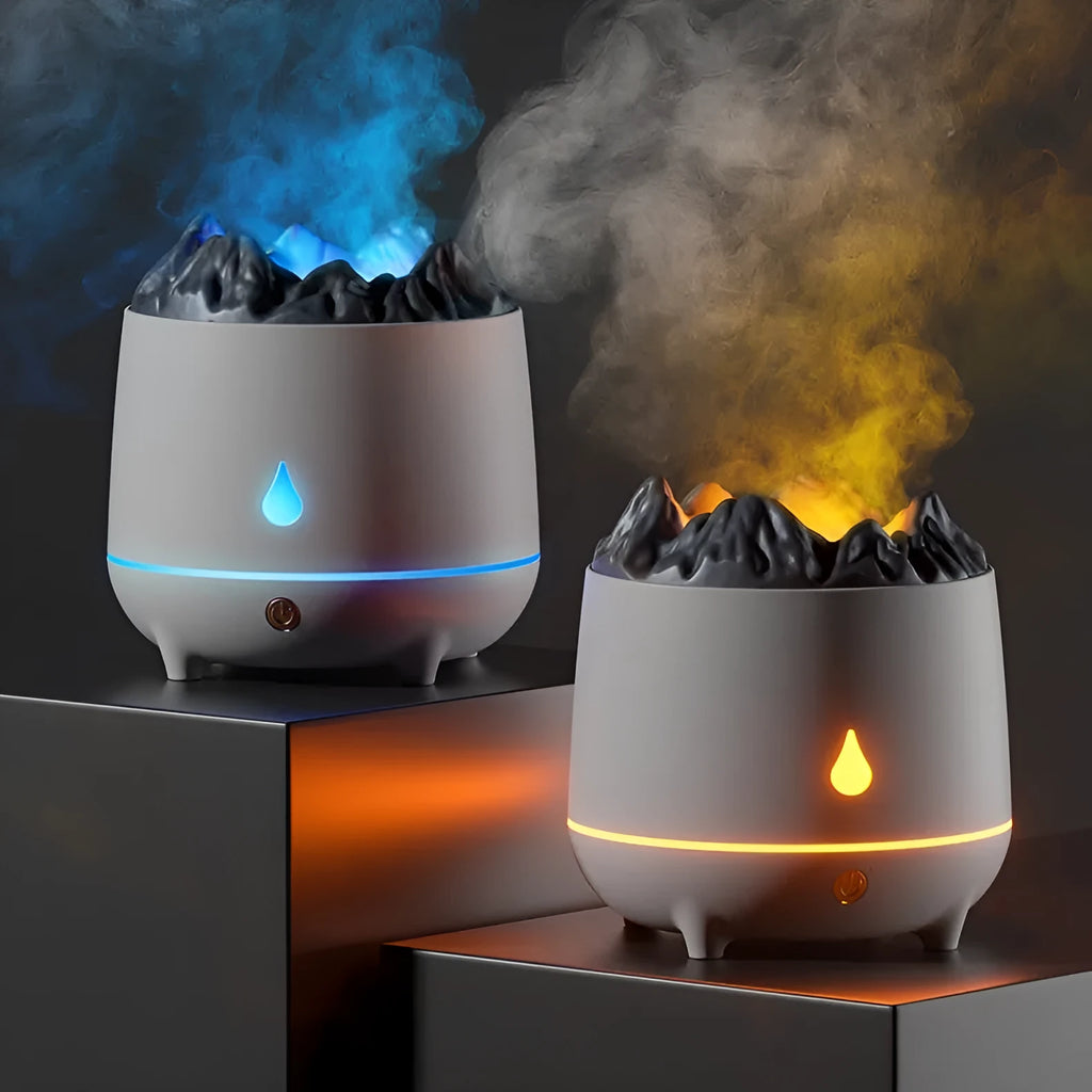 White volcano-shaped humidifier with flaming mountain design on wooden surface